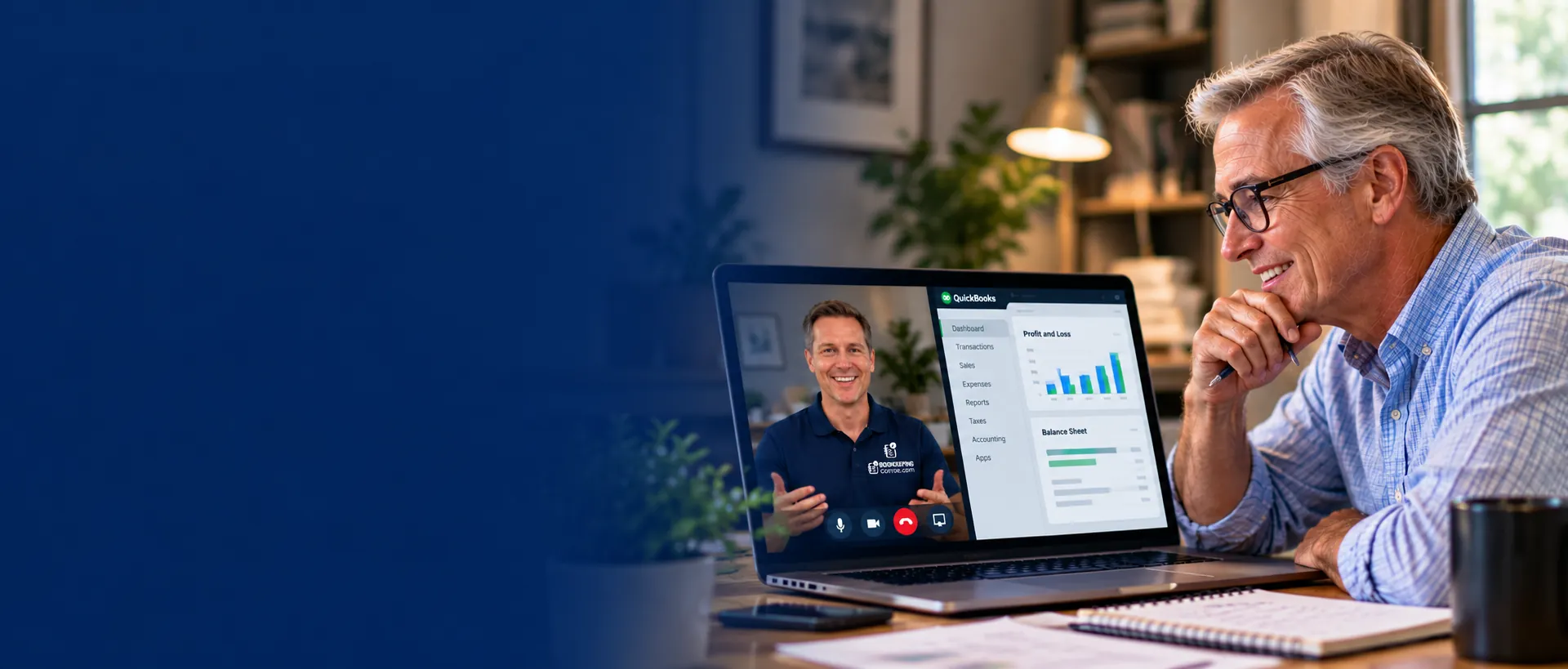 A client smiling during a virtual bookkeeping consultation on a video call