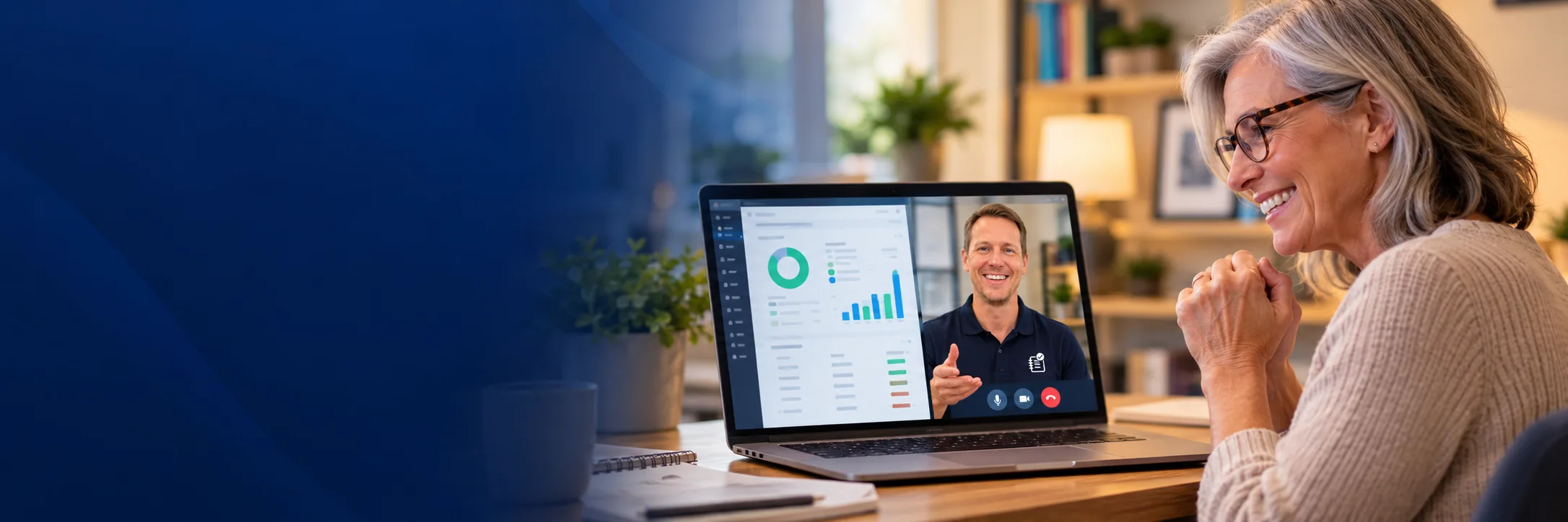A client smiling during a virtual QuickBooks training session on a video call